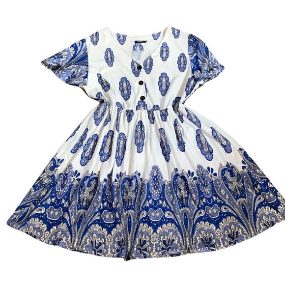 REBORN Dresss White and Blue Floral Plus Sz 1X Button Front Short Sleeve 188E - Picture 3 of 8